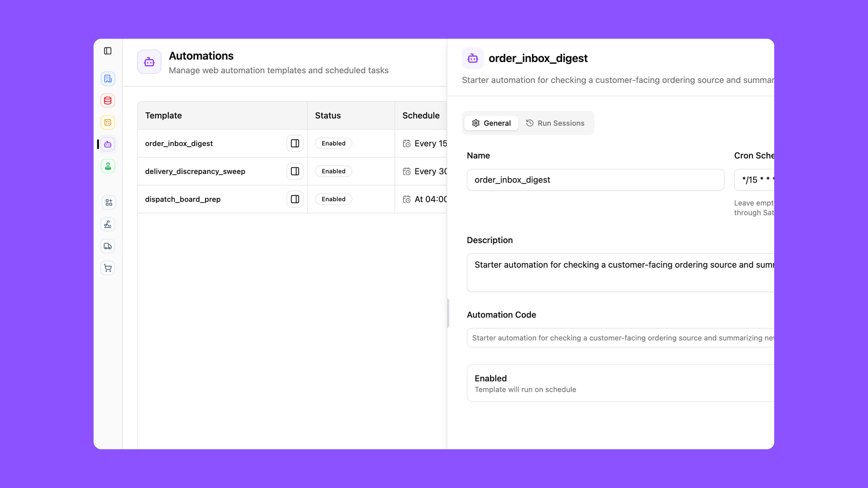 Automations dashboard showing templates, schedules, and run settings