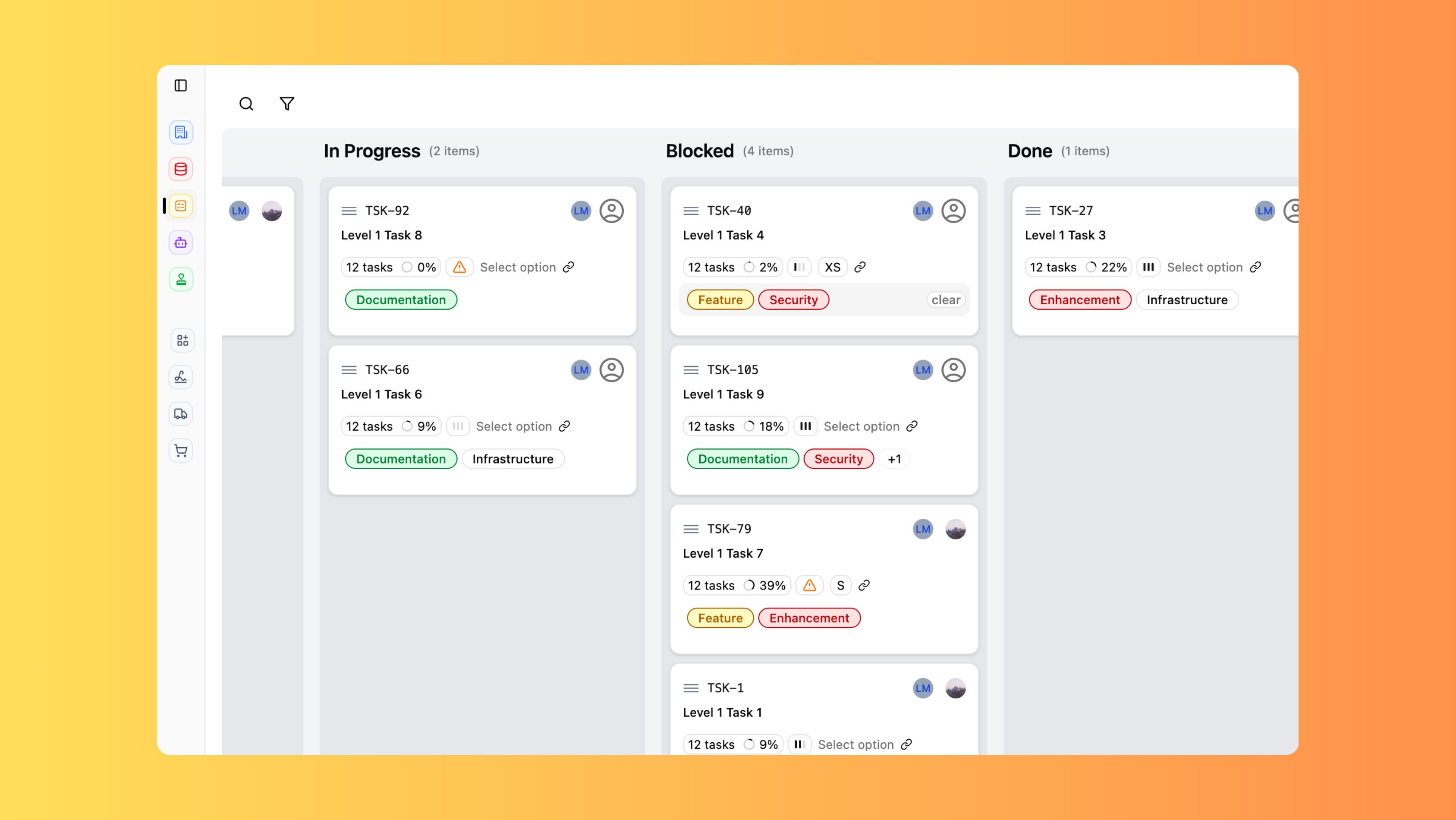 Tasks view with board and workflow context